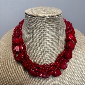 LUC Lucas Lameth red coral 5 strand layer necklace .925 sterling silver